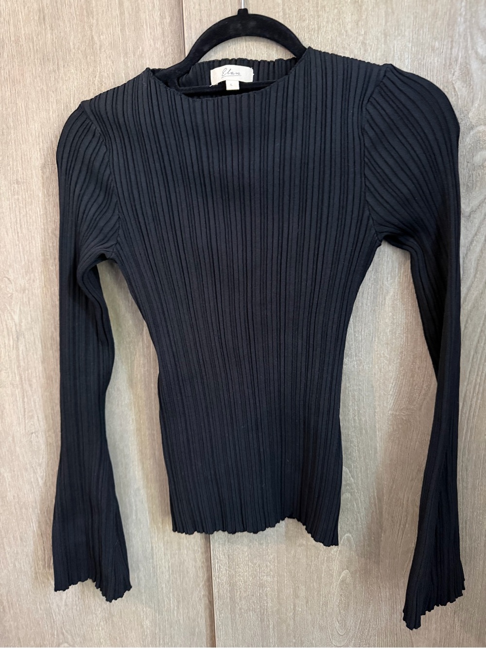 Elan Black Ribbed Long Sleeve Fitted Crewneck Top